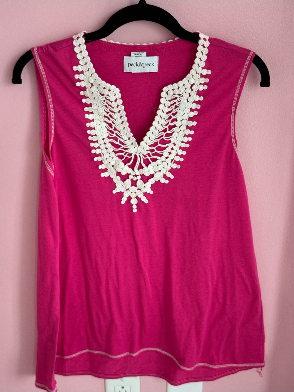 Peck & Peck Hot Pink Sleeveless Top with Cream Crochet V-Neck